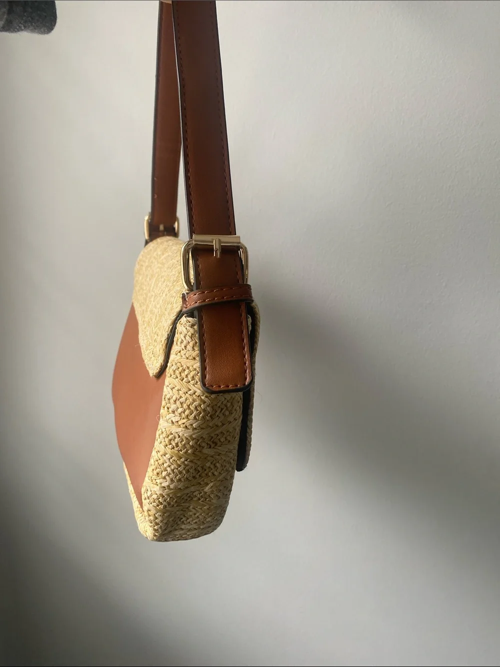 Woven Straw Shoulder Bag with Brown Leather Trim - Picture 5 of 10